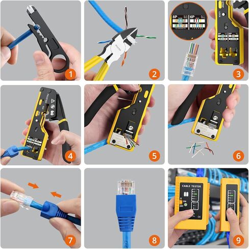 Proster RJ45 Crimper Tool - Stripper Cutter Crimper Tool for RJ45 Cat6 Cat5 Cat5e Pass-Thru Connectors with 50pcs Cat6 Pass Through Connectors & Protection Covers, 1pcs Wire Stripper in Saudi Arabia