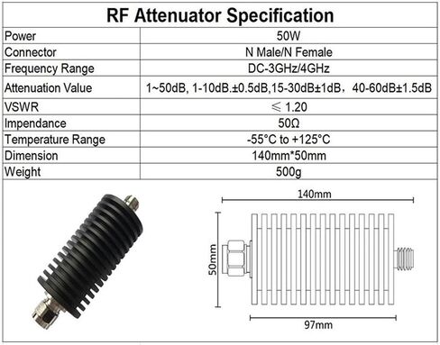 Attenuator 50W N Male to N Female Jack Connector RF Attenuator DC-3Ghz/4Ghz RFcoaxial Power 50ohm 1~60db(60db,3G) in Saudi Arabia