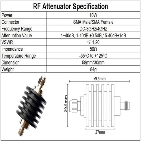 Attenuator 10W SMA Type Attenuator DC-3G/4GHZ 1/2/3/5/6/10/15/20/30db/40db/50db SMA RF coaxial Power Male to Jack Female 50ohm(5db,4G) in Saudi Arabia