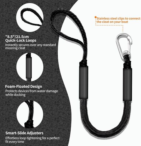 Bungee Dock Line for Boats – 3ft Elastic Mooring Rope with Stainless Steel Clip – Quick Dock Tie for Jet Ski, Pontoon (Black) in Kuwait