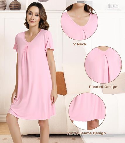 Nachila Lightgowns-Viscose مصنوعة من الخيزران ، ناعم قصير الأكمام ثوب النوم المريح V قميص Night Night Sleepwear in Saudi Arabia
