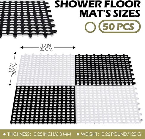 50 Pcs Drainage Interlocking Floor Tiles, 12'' x 12'' Soft TPE Non Slip Shower Floor Tiles for Pool Bathroom Shower Balcony Patio Locker Room Basement Stairs(Black and White) in Kuwait