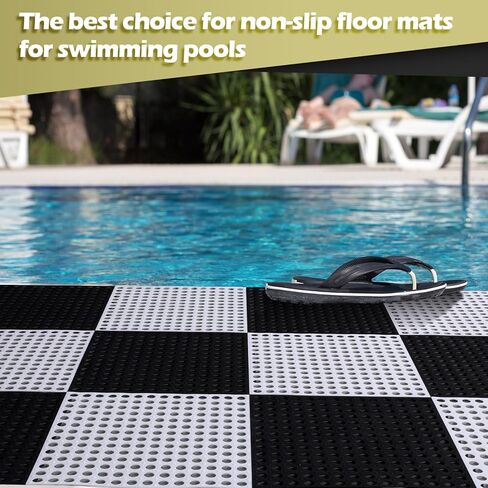 50 Pcs Drainage Interlocking Floor Tiles, 12'' x 12'' Soft TPE Non Slip Shower Floor Tiles for Pool Bathroom Shower Balcony Patio Locker Room Basement Stairs(Black and White) in Kuwait