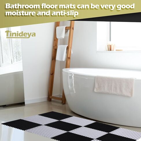 50 Pcs Drainage Interlocking Floor Tiles, 12'' x 12'' Soft TPE Non Slip Shower Floor Tiles for Pool Bathroom Shower Balcony Patio Locker Room Basement Stairs(Black and White) in Kuwait