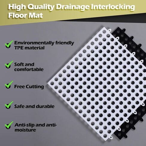 50 Pcs Drainage Interlocking Floor Tiles, 12'' x 12'' Soft TPE Non Slip Shower Floor Tiles for Pool Bathroom Shower Balcony Patio Locker Room Basement Stairs(Black and White) in Kuwait