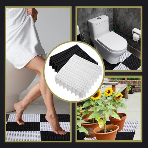 50 Pcs Drainage Interlocking Floor Tiles, 12'' x 12'' Soft TPE Non Slip Shower Floor Tiles for Pool Bathroom Shower Balcony Patio Locker Room Basement Stairs(Black and White) in Kuwait