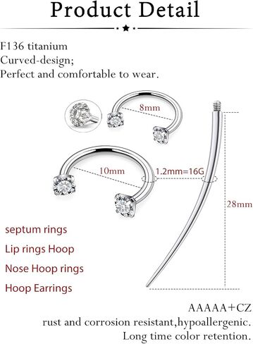 Oufksiyy 16g 18G 20G Internally Threaded F136 Titanium 8/10mm Horseshoe Septum Nose Lip Rings Piercings Cartilage Rook Sung Helix Daith Earrings Jewelry for Women Men 4Pcs in Saudi Arabia
