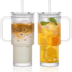 INSETLAN 26oz Ribbed Glass Tumbler with Handle & Lid – 2-Pack Large Iced Coffee Cups with Straws, Modern Glass Mug for Cold & Hot Beverages, Aesthetic Travel Cup for Smoothies, Tea, and Juice in Saudi Arabia
