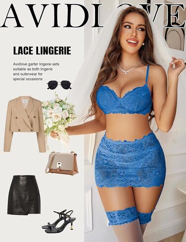 Avidlove Black Lingerie مجموعة للنساء صدرية الرباط الدانتيل والتنورة المصغرة مع Thong 3 قطعة XX-Large in Kuwait