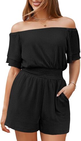 FixMatti Womens قبالة الكتف Romper Short Sleeve Smoocked Jeist Mini Justuit مع جيوب in Saudi Arabia