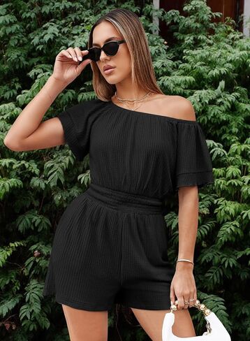 FixMatti Womens قبالة الكتف Romper Short Sleeve Smoocked Jeist Mini Justuit مع جيوب in Saudi Arabia