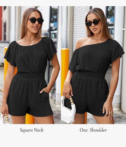FixMatti Womens قبالة الكتف Romper Short Sleeve Smoocked Jeist Mini Justuit مع جيوب in Saudi Arabia