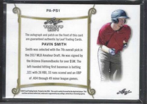 Pavin Smith 2017 Leaf Trinity Prospect Game Worn Patch Auto #D 1/1 - MLB Motograped Cardsball Cards in Kuwait
