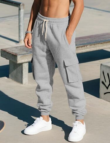 Men's Casual Cargo Pants Workout Joggers Stretch Sweatpants Lounge Athletic Pants Drawstring Pants with Pockets in Kuwait