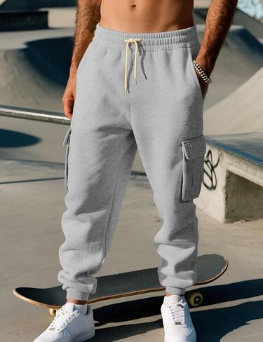 Men's Casual Cargo Pants Workout Joggers Stretch Sweatpants Lounge Athletic Pants Drawstring Pants with Pockets in Kuwait