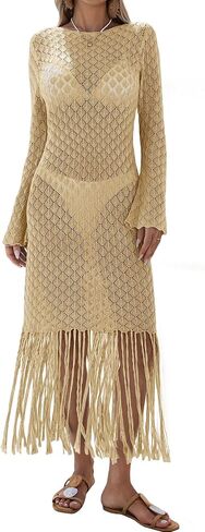 Fisoew Women's Swimsuit Cove Cover Ups Summer Long Sleeve Tie Back Fringe Hem Hem Beach Vacation Frick Maxi in Saudi Arabia