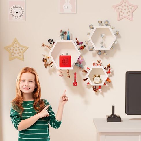 Hexagon Tonies Grash Magnetic - مجموعة رف تخزين Tonies من 3 لغرفة للأطفال ، رف عرض مغناطيسي خشبي لحامل Tonie Box ، أرفف عائمة على الحائط متوافق مع ملحقات Tonie in Kuwait