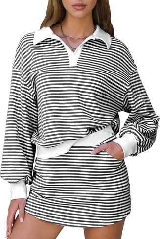 Exlura Womens Cotton Sweatuits 2 قطعة ملابس من النوع الثقيل المخطط مطابقة Skort تمرين مجموعة طويلة الأكمام. in Saudi Arabia