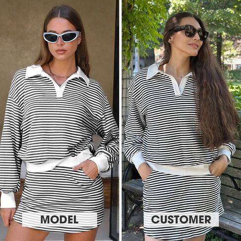 Exlura Womens Cotton Sweatuits 2 قطعة ملابس من النوع الثقيل المخطط مطابقة Skort تمرين مجموعة طويلة الأكمام. in Saudi Arabia