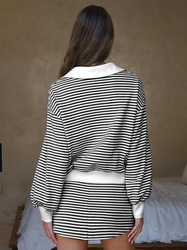 Exlura Womens Cotton Sweatuits 2 قطعة ملابس من النوع الثقيل المخطط مطابقة Skort تمرين مجموعة طويلة الأكمام. in Saudi Arabia