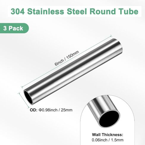 3-Pack 150mm 304 Stainless Steel Tube, 25mm OD 1.5mm Wall Thickness Seamless Stainless Steel Tubing for Construction/Machining/DIY Crafting, Metal Straight Pipe [0.98x0.06x6IN] in Kuwait