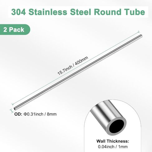 2-Pack 400mm 304 Stainless Steel Tube, 8mm OD 1mm Wall Thickness Seamless Stainless Steel Tubing for Construction/Machining/DIY Crafting, Metal Straight Pipe [0.31x0.04x15.7IN] in Saudi Arabia