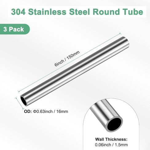 3-Pack 150mm 304 Stainless Steel Tube, 25mm OD 1.5mm Wall Thickness Seamless Stainless Steel Tubing for Construction/Machining/DIY Crafting, Metal Straight Pipe [0.98x0.06x6IN] in Kuwait