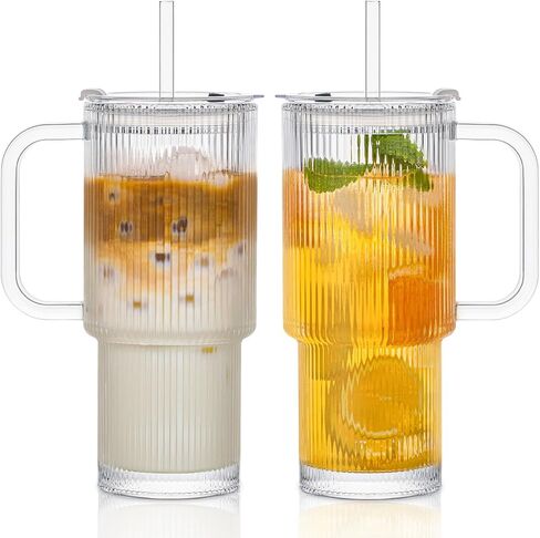 insetlan 26oz من الزجاج اللامبور مع مقبض وغطاء-أكواب قهوة كبيرة من الحزمة مع قش ، وقدح زجاجي حديث للمشروبات الباردة والساخنة ، وكوب السفر الجمالي للعصائر والشاي والعصير in Saudi Arabia