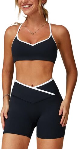 مجموعات تجريب Abociw للنساء 2 قطعة بلوك Strappy Sports Bra Crossover High Weist Shorts Gym Yoga Pilates ملابس in Saudi Arabia