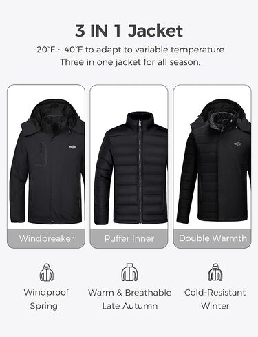 Wantdo Men's 3 in 1 Waterproof Ski Jacket Warm Winter Snow Coat Puffer Rain Jacket in Kuwait