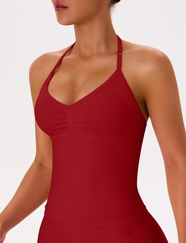 OLCHEE Womens Halter Tank Tops V Neck Impact Backless Longline Strappy Adjustable Gym Workout Top Padded in Saudi Arabia