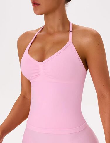 OLCHEE Womens Halter Tank Tops V Neck Impact Backless Longline Strappy Adjustable Gym Workout Top Padded in Saudi Arabia