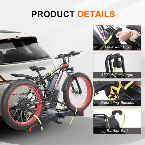 2 E-Bike Foldable Hitch Mount Bike Rack for 2" Receiver SUV & Trucks, Up to 4'' Fat Tire, Lockable Hitch Racks for E-Bike with Ramp and Wheels, 180 LBS Capacity in Kuwait