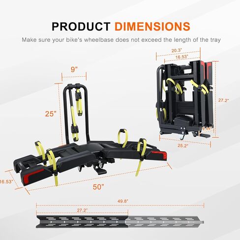 2 E-Bike Foldable Hitch Mount Bike Rack for 2" Receiver SUV & Trucks, Up to 4'' Fat Tire, Lockable Hitch Racks for E-Bike with Ramp and Wheels, 180 LBS Capacity in Kuwait