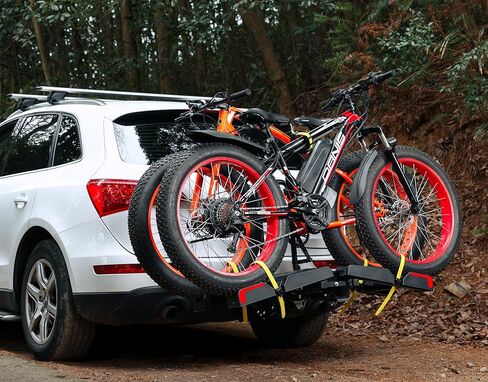 2 E-Bike Foldable Hitch Mount Bike Rack for 2" Receiver SUV & Trucks, Up to 4'' Fat Tire, Lockable Hitch Racks for E-Bike with Ramp and Wheels, 180 LBS Capacity in Kuwait