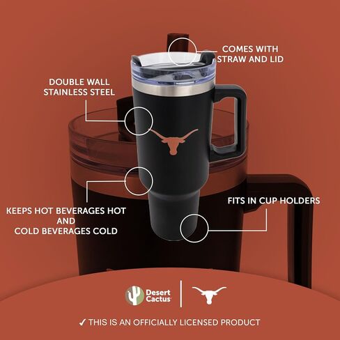 Desert Cactus University of Texas Longhorns UT Austin Large Insulated Stainless Steel Handle Lid Straw Reusable Double Walled Cup Hot Cold Drinkware Laser Etched (40oz Ounce Rally Tumbler Design F) in Saudi Arabia