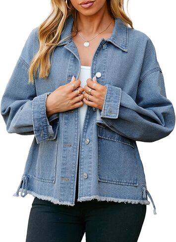 جاكيتات Glamaker Womens Jean اقتصاص زر الدنيم السترة الزبدة أسفل معطف سقوط سقوط من طراز خمر مع جيوب in Saudi Arabia