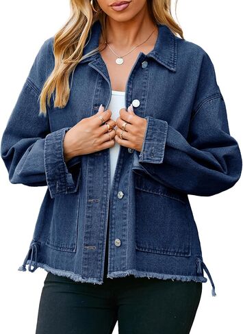 Glamaker Womens Jean Jackets Cropped Casual Denim Jacket Button Down Vintage Loose Frayed Hem Fall Coat with Pockets in Saudi Arabia