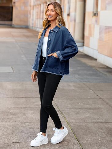 Glamaker Womens Jean Jackets Cropped Casual Denim Jacket Button Down Vintage Loose Frayed Hem Fall Coat with Pockets in Saudi Arabia