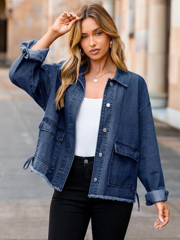 Glamaker Womens Jean Jackets Cropped Casual Denim Jacket Button Down Vintage Loose Frayed Hem Fall Coat with Pockets in Saudi Arabia