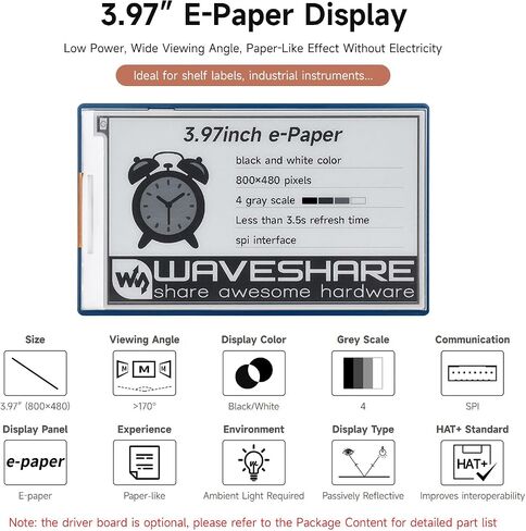 Waveshare 3.97inch E-Paper Display ، شاشة E-ink ، 800 × 480 بكسل ، أسود/أبيض ، 4 مقاييس رمادية ، واجهة SPI ، لوحة برنامج التشغيل غير متضمن in Saudi Arabia