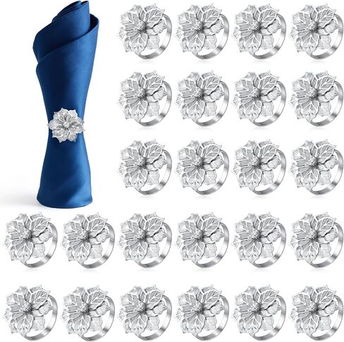 Delicate Serviette Buckles Set of 24 Alloy Napkin Rings with Hollow Out Flower Napkin Ring Holders Stylish Napkins Ring Bulk for Christmas Wedding Luncheons Picnics Banquet Birthday - Silver in Saudi Arabia