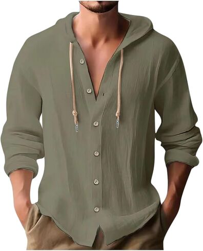 رجال من الكتان القطني هوديي الأكمام الطويلة لأسفل قميص خريف سمر الصيف أزياء غير رسمية على شاطئ الشاطئ قميص خفيف الوزن in Kuwait