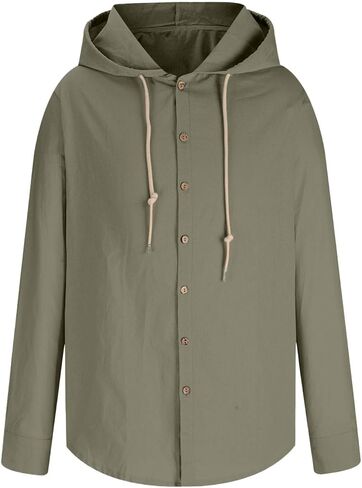 رجال من الكتان القطني هوديي الأكمام الطويلة لأسفل قميص خريف سمر الصيف أزياء غير رسمية على شاطئ الشاطئ قميص خفيف الوزن in Kuwait