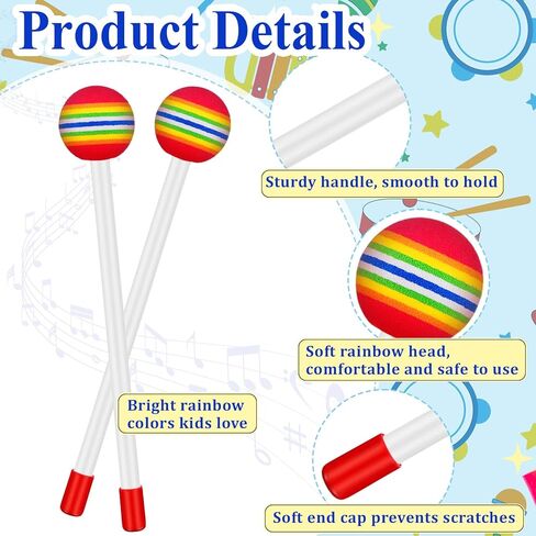 Boao 24 PCS Kids Drum Sticks Rainbow Lollipop Timpani Mallets 8.5 بوصة الرغوة الناعمة الرغوة الإيقاعية in Saudi Arabia