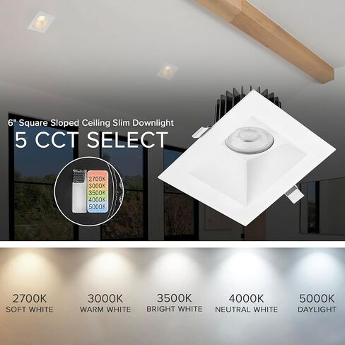 Maxxima 4" Canless Sloped Recessed Anti-Glare LED Downlight, For Sloped Ceilings, 1000 Lumens, IC Rated, 5 Color Temperature Selectable 2700K/3000K/3500K/4000K/5000K, Dimmable Square White Trim 90 CRI in Kuwait