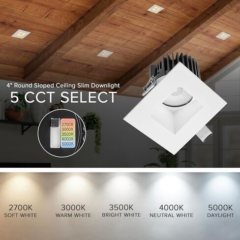 Maxxima 4" Canless Sloped Recessed Anti-Glare LED Downlight, For Sloped Ceilings, 1000 Lumens, IC Rated, 5 Color Temperature Selectable 2700K/3000K/3500K/4000K/5000K, Dimmable Square White Trim 90 CRI in Kuwait