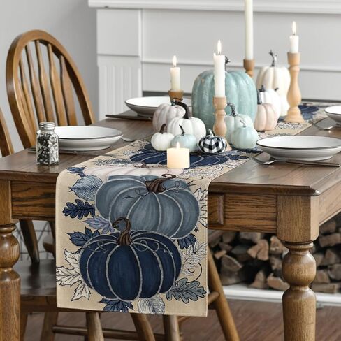 Artoid Mode Blue and White Porcelain Pumpkin Ink 210 GSM Fall Table Runner, Seasonal Autumn Kitchen Dining Table Decoration for Home Party Decor 13x72 Inch in Saudi Arabia