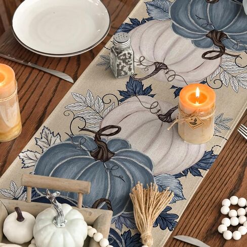 Artoid Mode Blue and White Porcelain Pumpkin Ink 210 GSM Fall Table Runner, Seasonal Autumn Kitchen Dining Table Decoration for Home Party Decor 13x72 Inch in Saudi Arabia