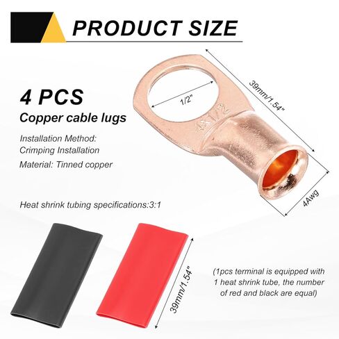 MECCANIXITY 10pcs 1/0 AWG M12 Battery Lugs Ring Terminals, 1/2" 12mm Stud Crimp Wire Terminal Connector End Copper, 3:1 Heat Shrink Tubing, Gold in Kuwait